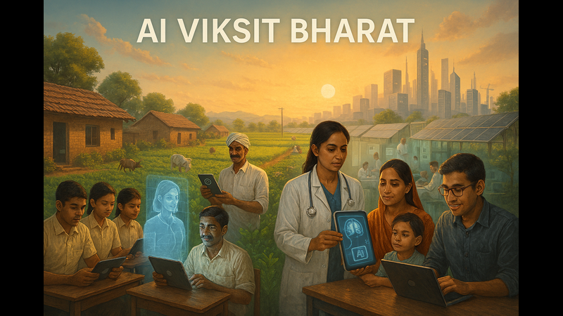 AI VIKSIT BHARAT. A panoramic scene at sunset. The text "AI VIKSIT BHARAT" appears in the sky. To the left, students use tablets, one projecting a hologram. In the center, a farmer uses a tablet near cows. To the right, a doctor shows a brain scan on a tablet with an "AI" logo to a woman and child, while a man uses a laptop. Solar panels are in the background.